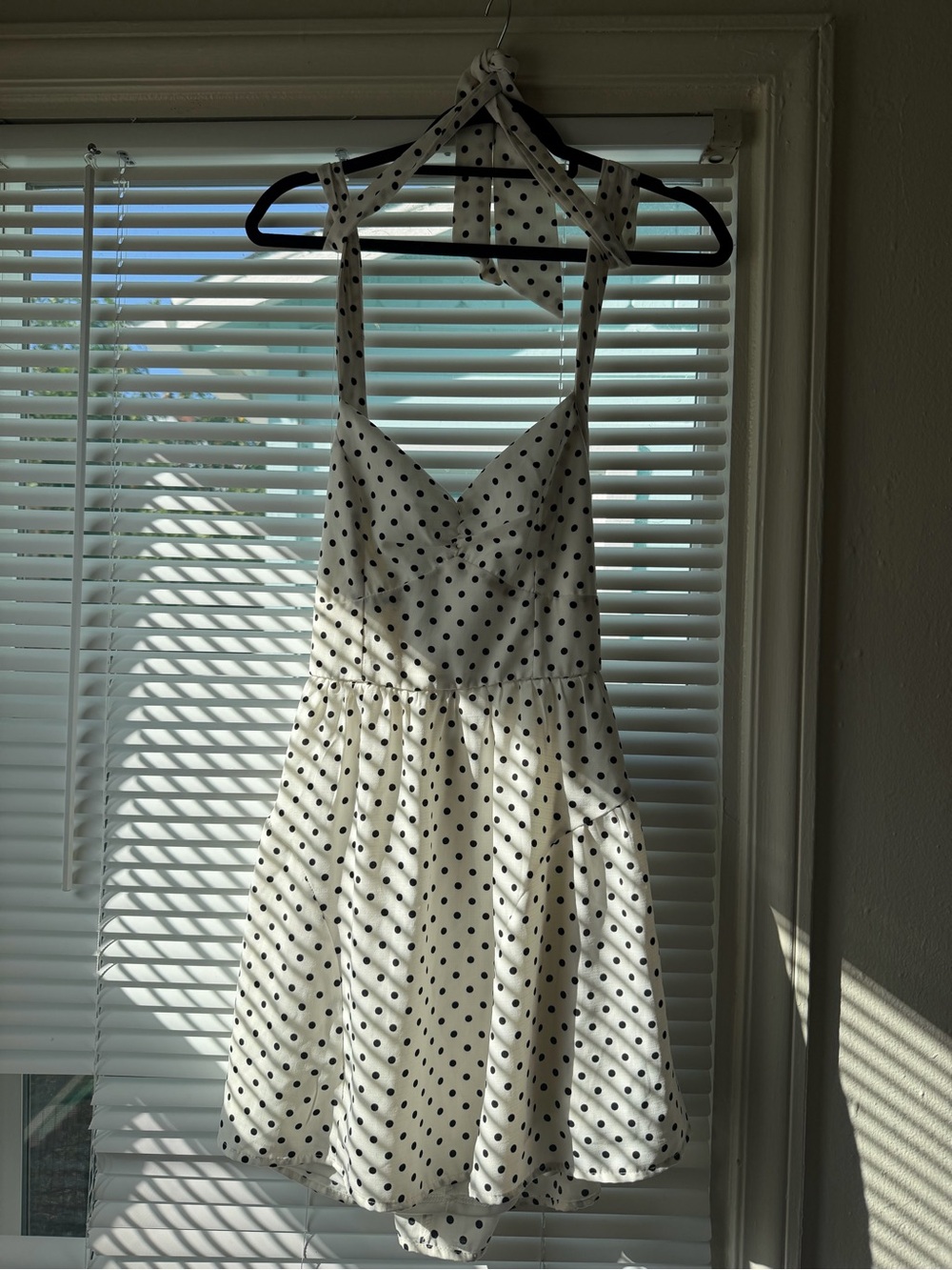 Source Unknown White Halter Mini Dress with Black Polka Dots